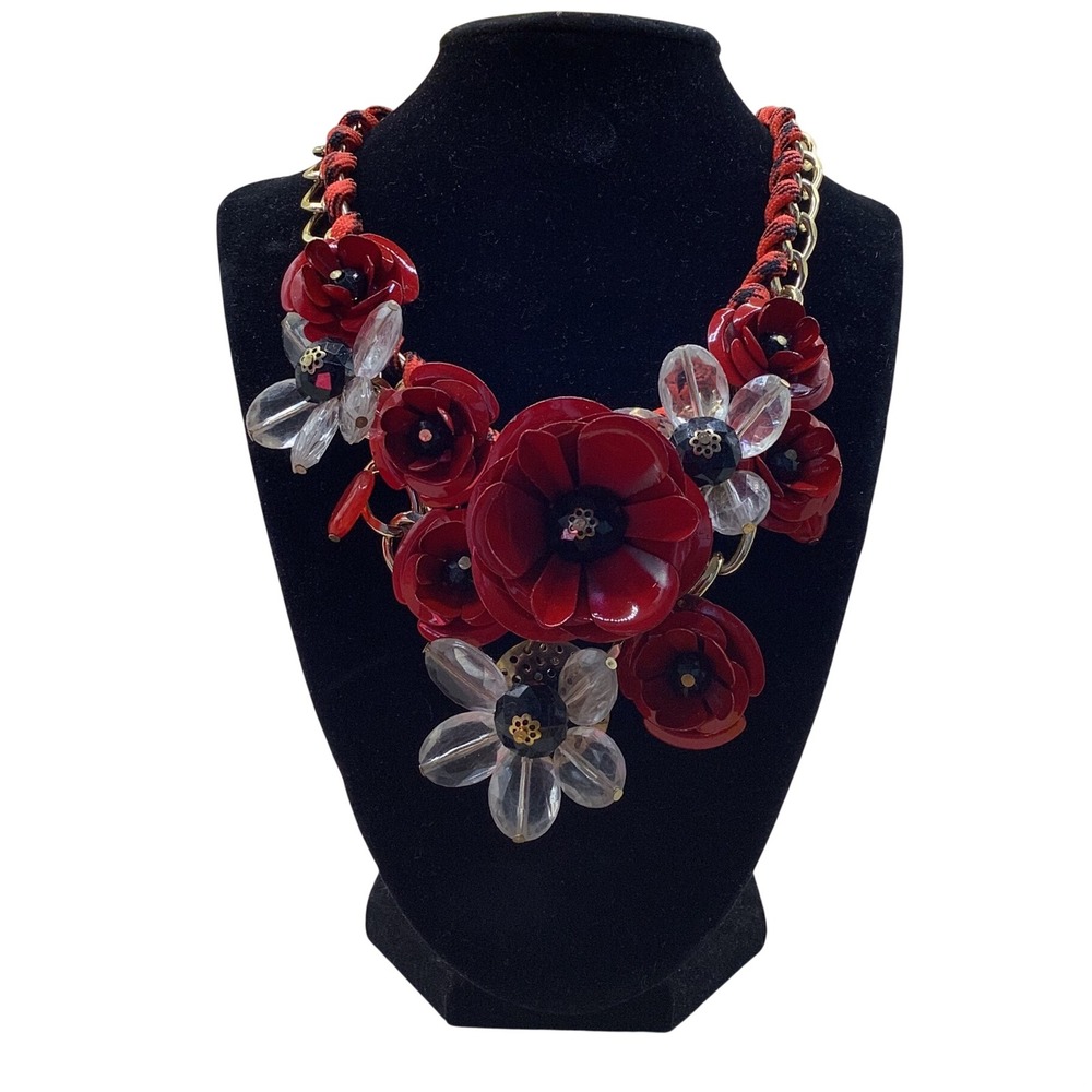 Red Resin Poppy Flower Statement Bib Necklace Gold Tone Chunky Chain Floral